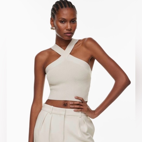 Aritzia Babaton Sculpt Knit Criss Cross Cropped Tank size 2XSmall Matte Pearl - Picture 4 of 8